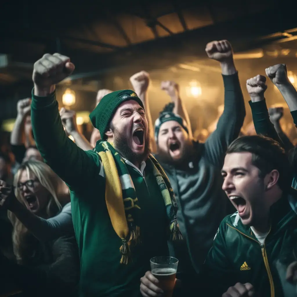 Soccer fans enjoying live sports in a bar or restaurant.